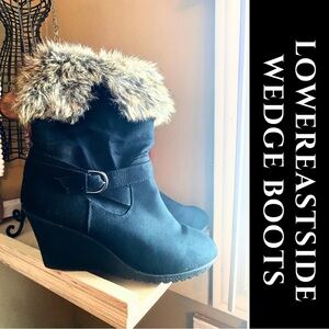 LowerEastSide Faux Fur Trim Wedge Boots
